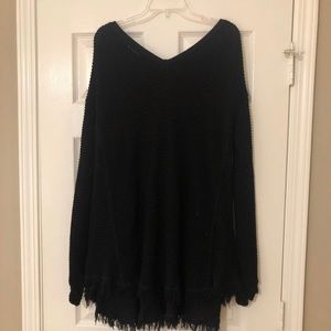 Fringed Waffle Knit Black Sweater